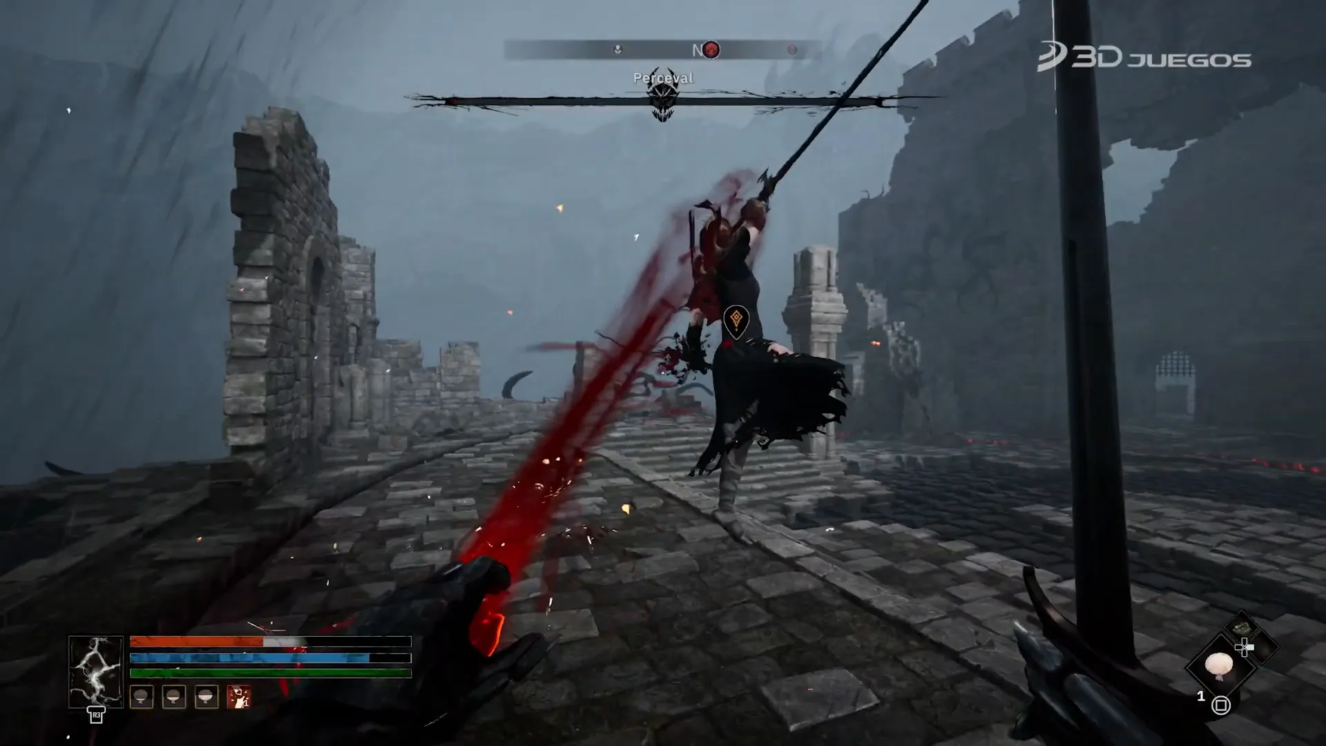 Escena de combate contra un jefe en un entorno oscuro y detallado