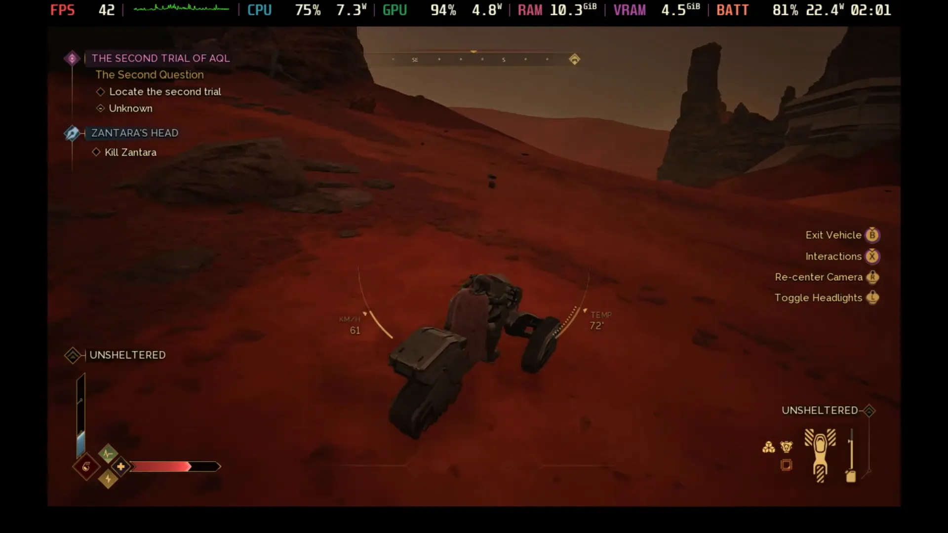 Gameplay de Dune Awakening mostrando conducción y entorno en Steam Deck