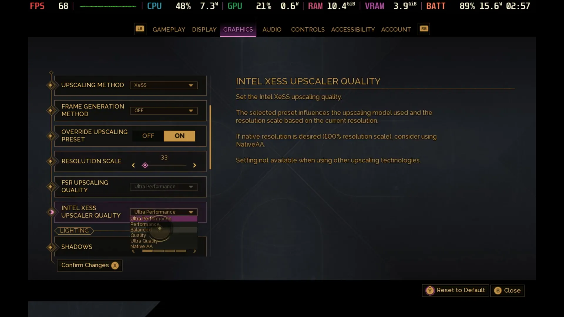 Configuración avanzada de Intel XeSS en Dune Awakening mostrando mejora gráfica
