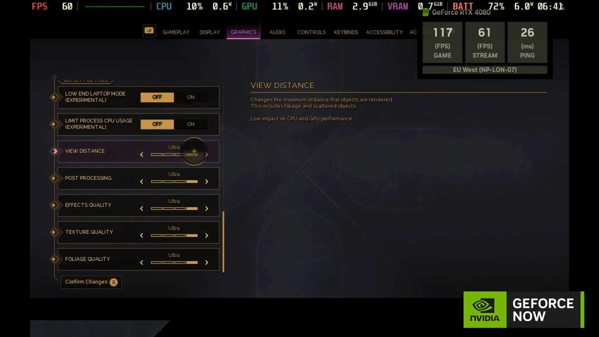 Dune Awakening en ultra configuración gráfica corriendo en GeForce Now sobre Steam Deck