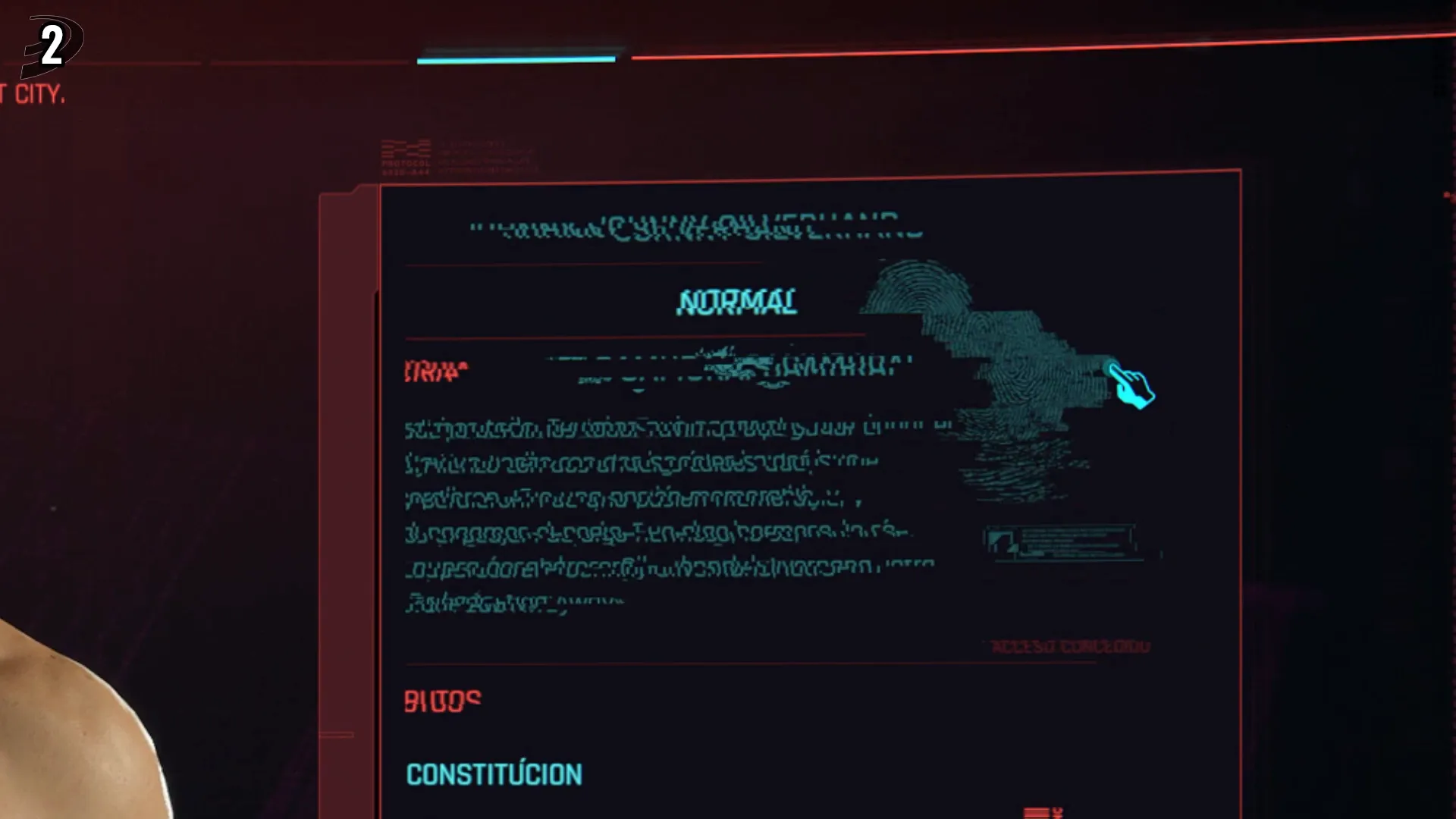 Detalle de la huella dactilar que muestra información de Johnny Silverhand