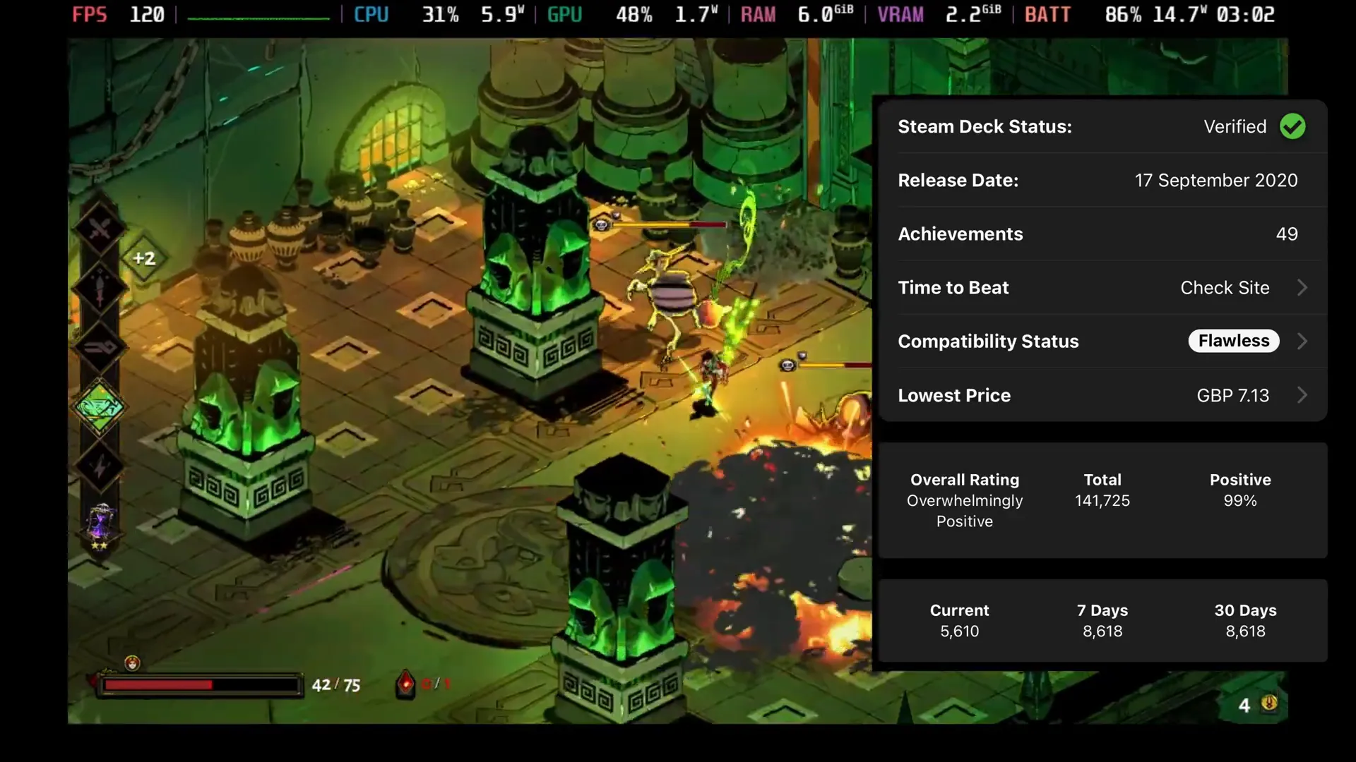 Gameplay de Hades mostrando combate rápido y mitología