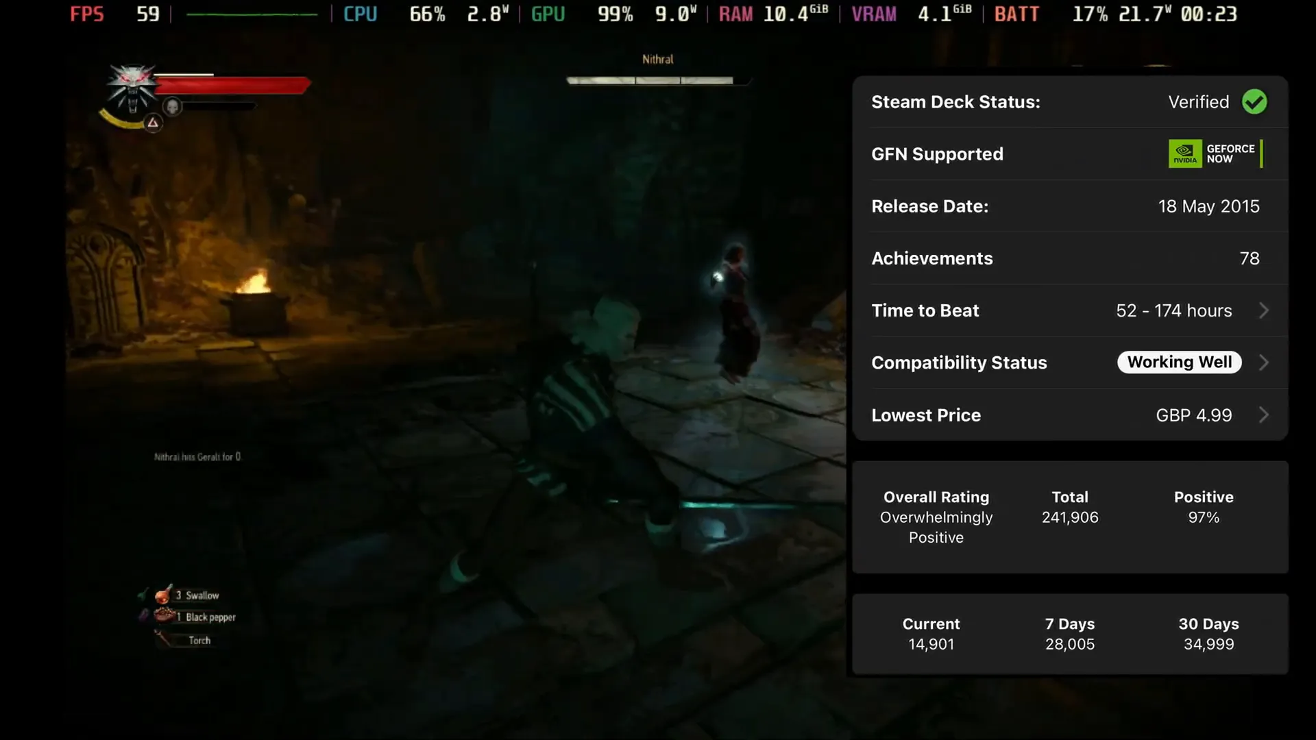 Geralt explorando el mundo de The Witcher 3 en Steam Deck