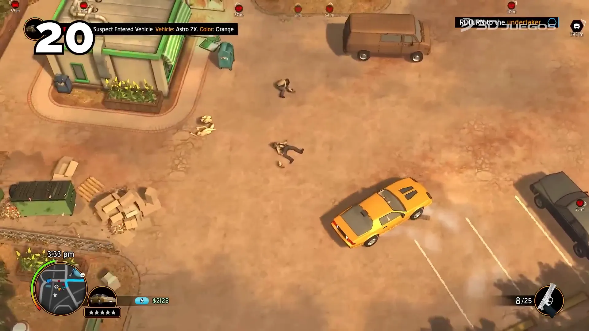 Gameplay de American Fugitive con vista aérea y acción clásica