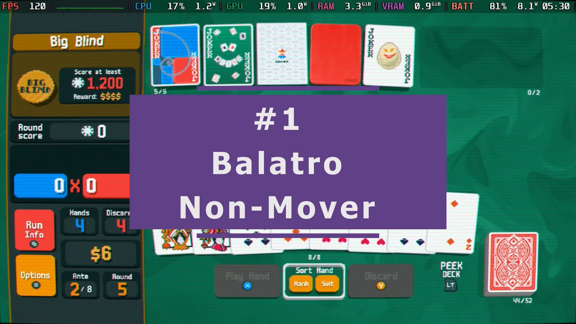 Interfaz de juego de Balatro mostrando cartas y estrategia