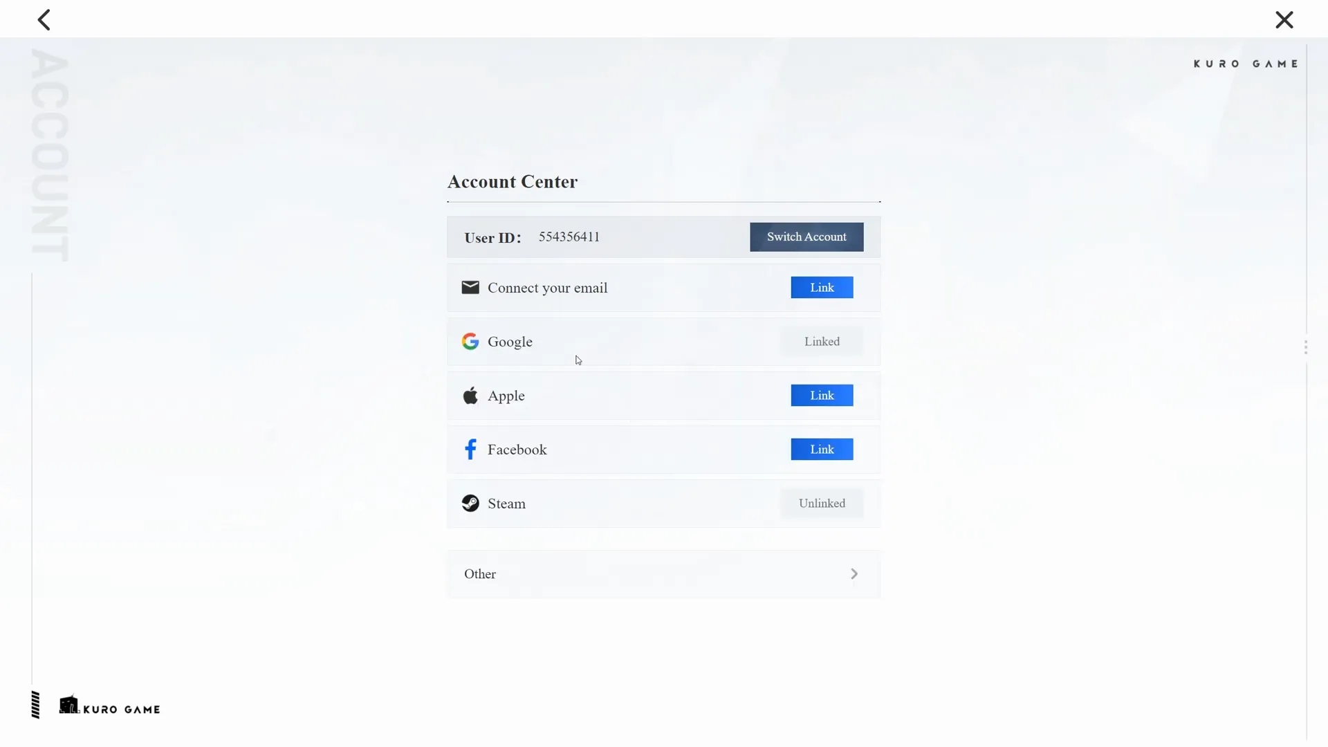 Pantalla de vinculación de correo electrónico para cuentas SSO en Wuthering Waves
