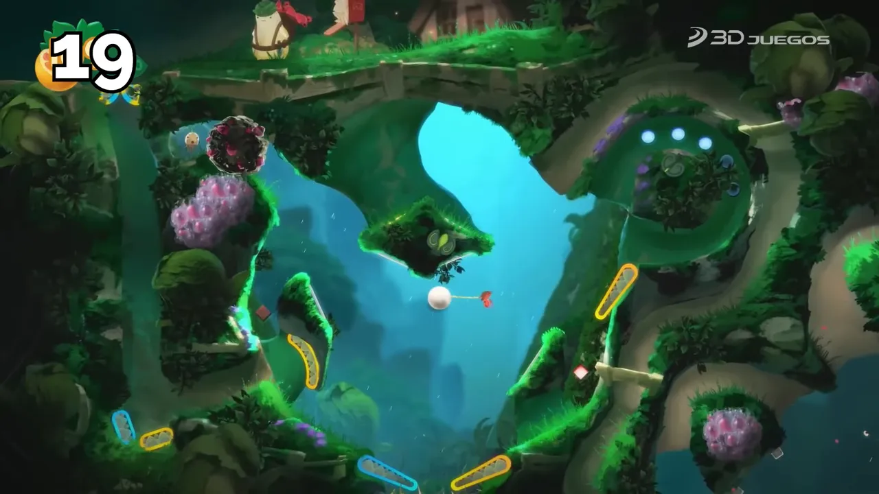 Escena de Yoku's Island Express mostrando elementos tipo pinball en el escenario