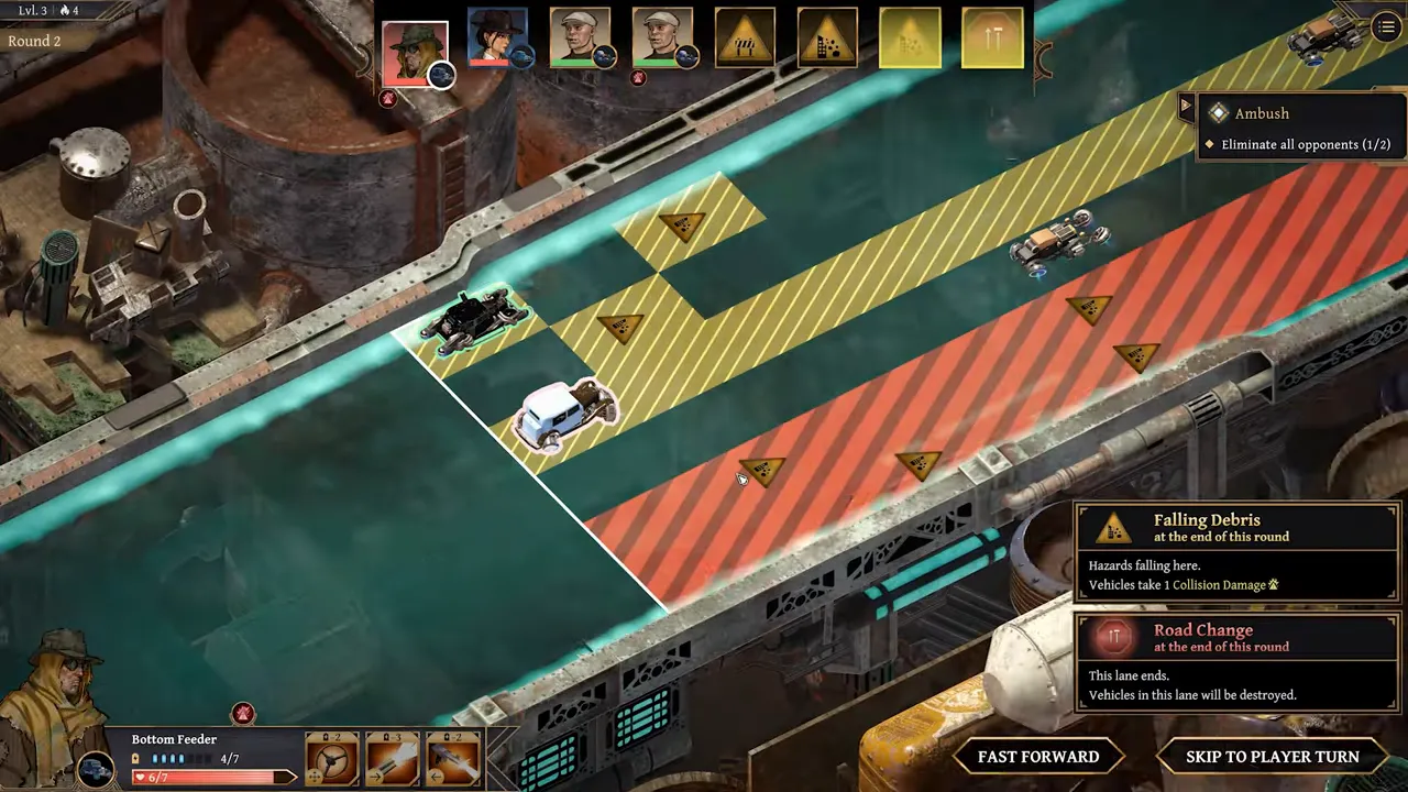 Combate táctico en Ether and Iron mostrando vehículos en ether highway y obstáculos