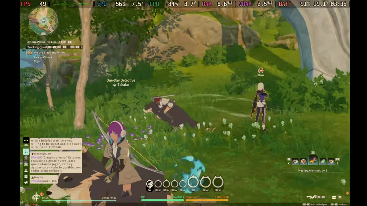 Combate en mundo abierto con efectos de partículas y varios enemigos