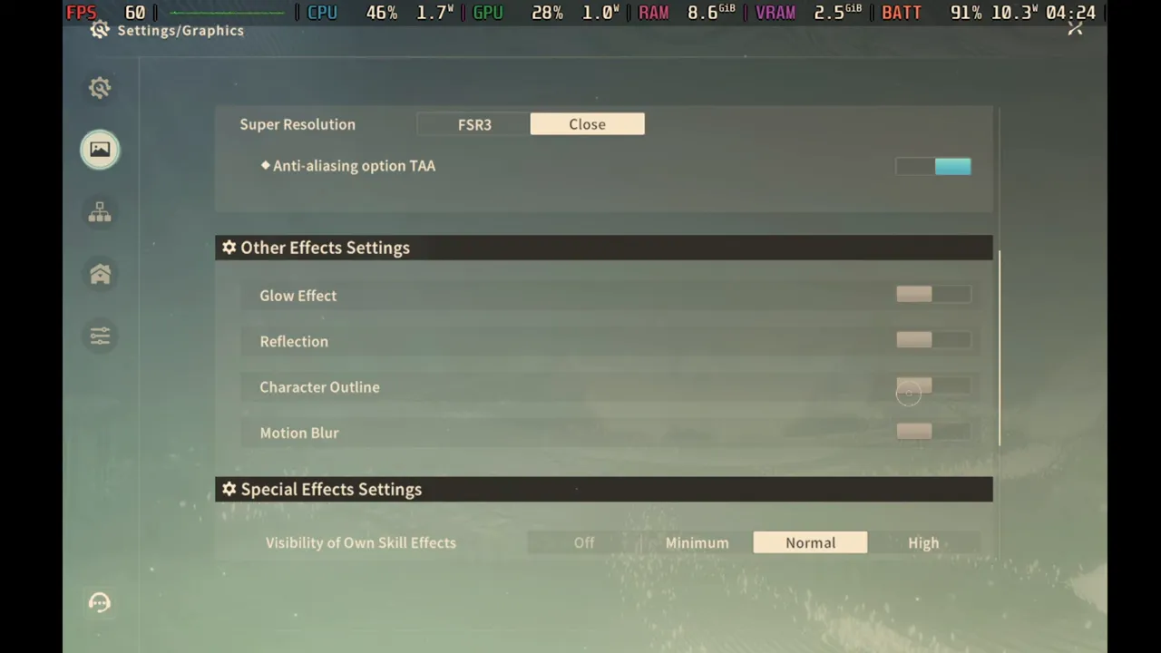 Ajustes gráficos en el menú del juego mostrando opciones de resolución y antialiasing