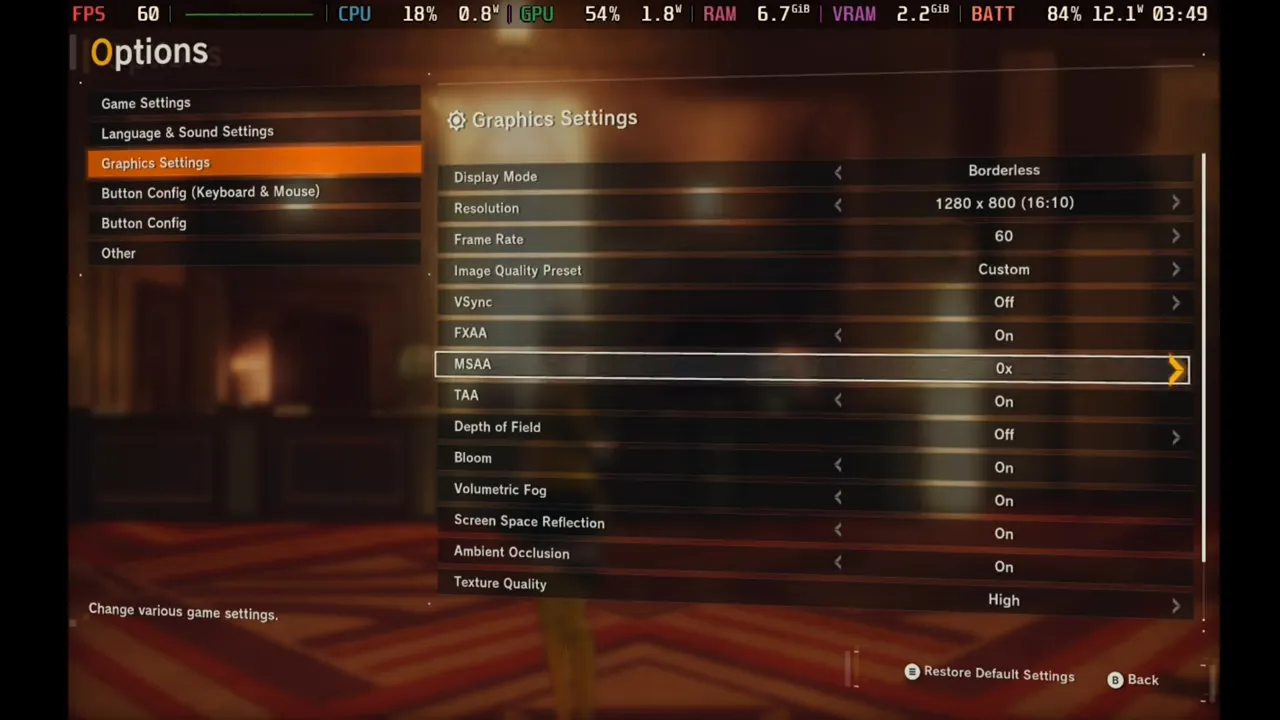 Pantalla mostrando opciones gráficas recomendadas: MSAA desactivado, FXAA y TAA activados