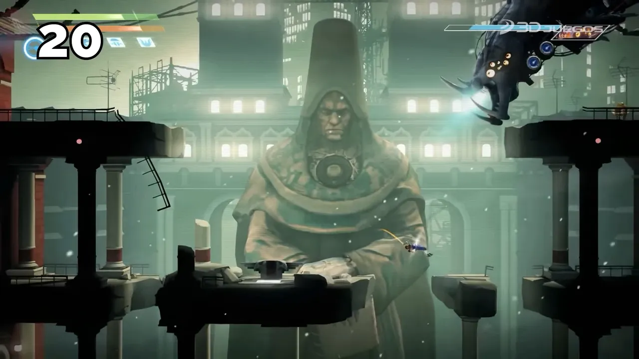 Captura de Strider 2014 mostrando su ciudad futurista y movilidad acrobática