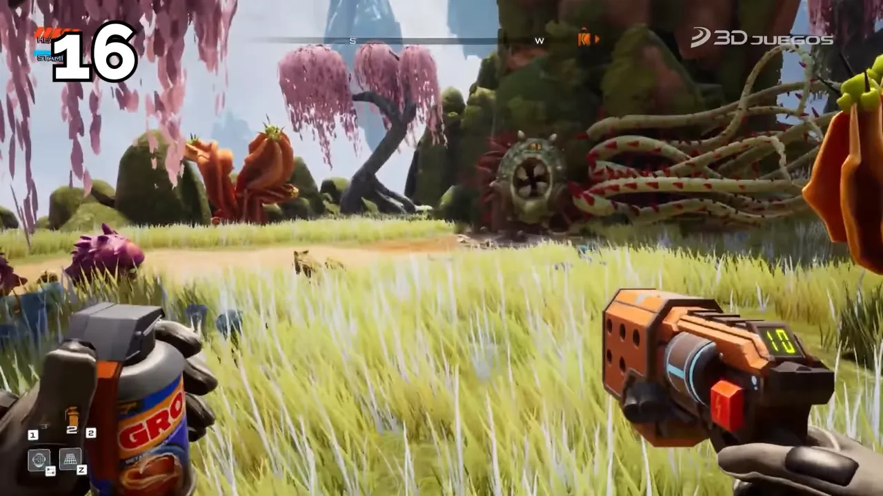 Escena de Journey to the Savage Planet mostrando un paisaje alienígena y exploración